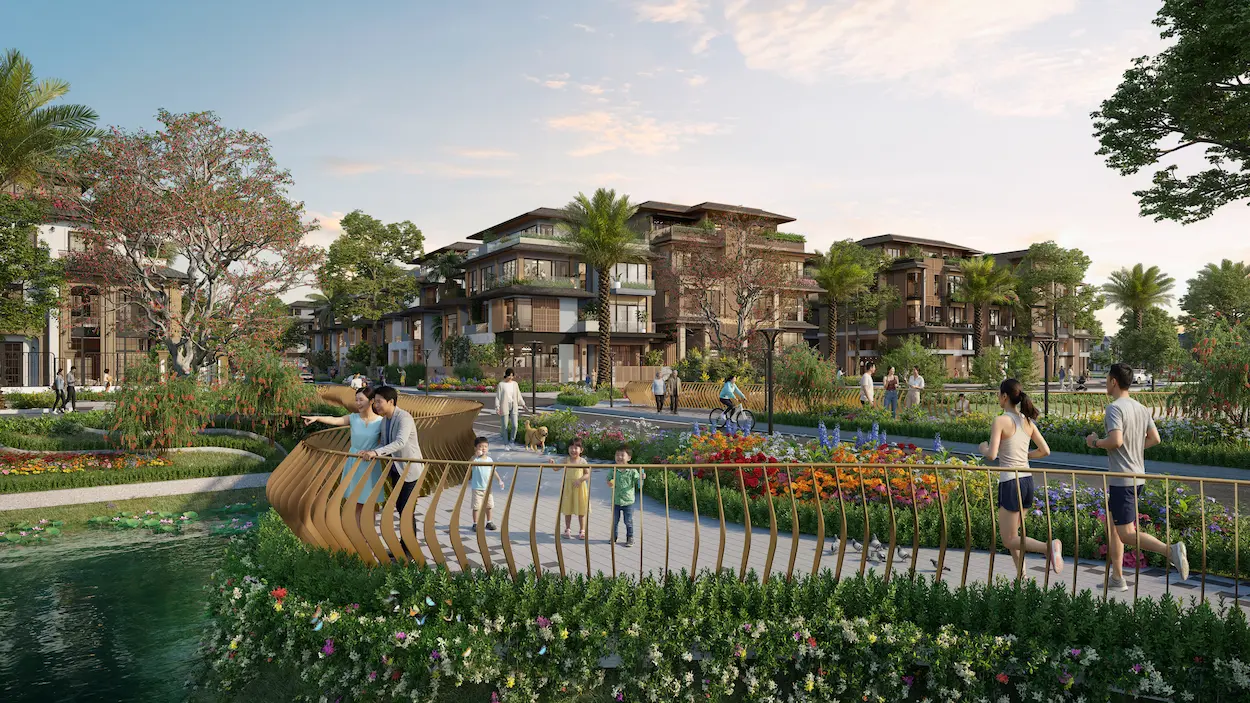 THE SENSIA -PHÂN KHU VINH DISTRICT (Á ĐÔNG HIỆN ĐẠI) - PHỐI CẢNH VIEW TỪ CẦU VỌNG CẢNH TỚI DÃY NHÀ PHỐ LIỀN KỀ - Dự án Trí Dương